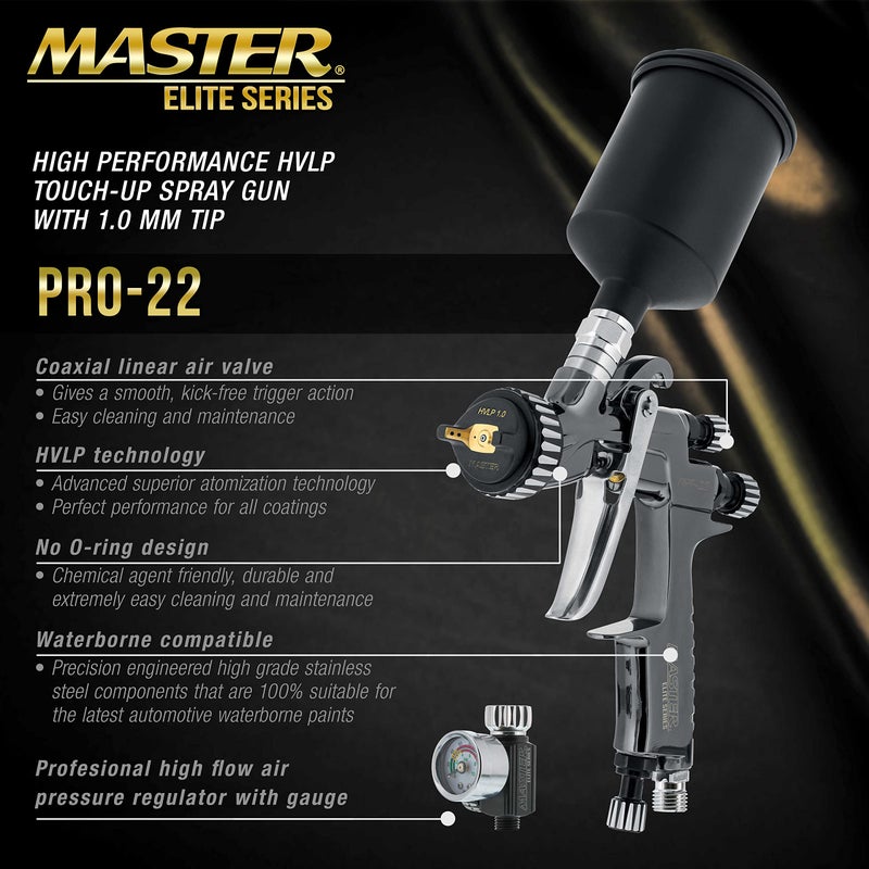 Master Airbrush Master Elite PRO-22 HVLP Air Spray Paint Gun with 1.0mm Tip, 150ml Cup, Air Pressure Regulator Gauge - Air Paint Sprayer Gun for Cars, Painting Base & Clearcoats - Image 2